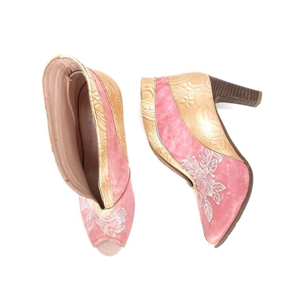 L’Artiste Adrina Bootie Pink & Tan Floral Peep Toe Heels Euro Size 42 = US 11 - Picture 12 of 13